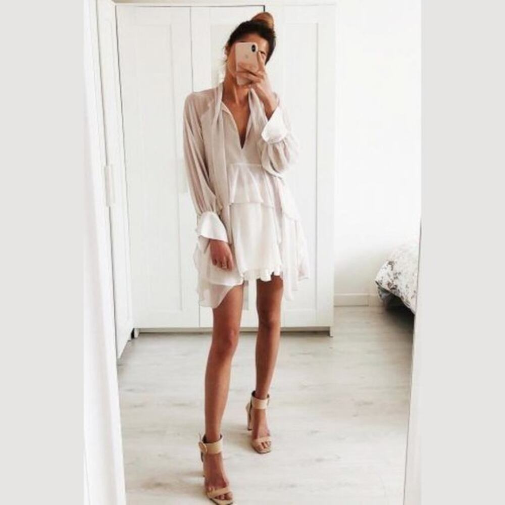 Zara Front Tie Flouncy Ruffle Long Sleeve Chiffon Blouse Dress Top Size XS